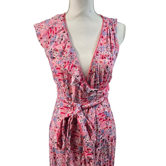 Poupette St Barth Long Maxi Wrap Dress Pink Floral Sleeveless Resort Wear Medium - Picture 2 of 9